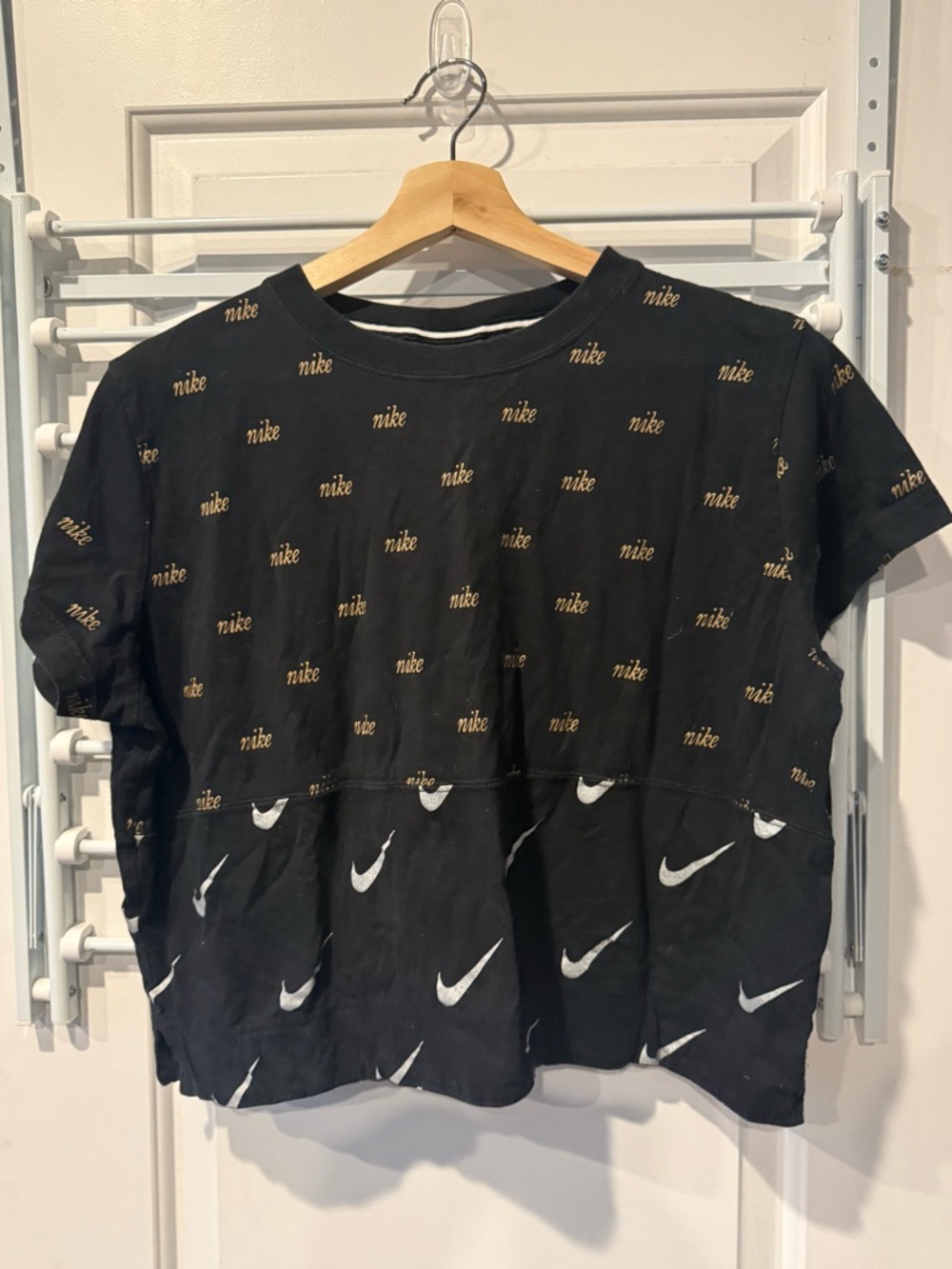 Nike Black Tee with Gold All-Over Logo Print